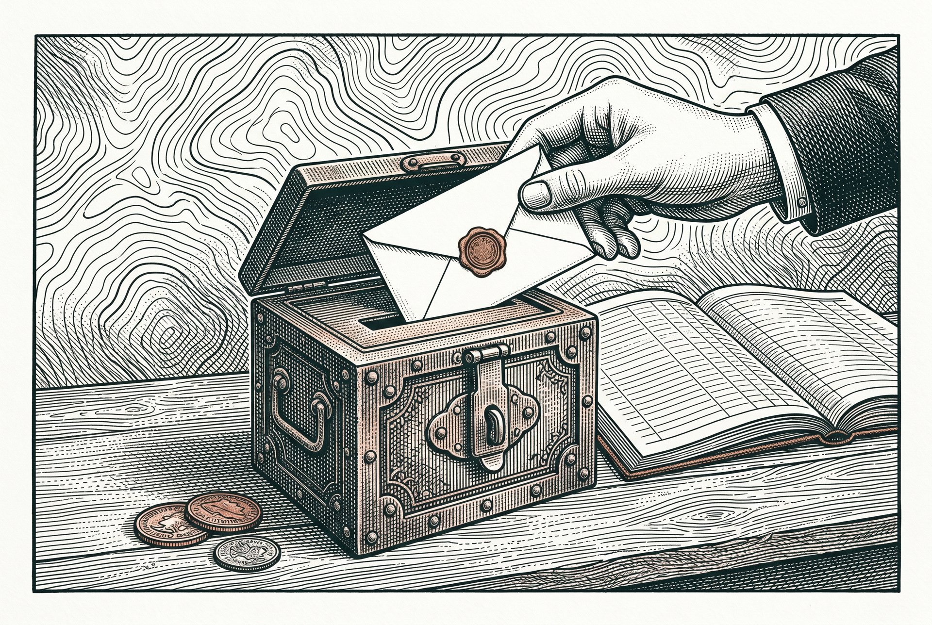 Engraved envelope of earnest money being placed in a strongbox