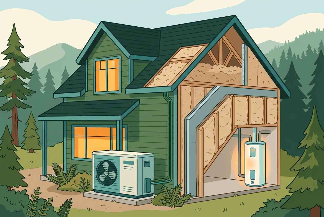 Cutaway of a home showing a heat pump, thick insulation, and an efficient water heater