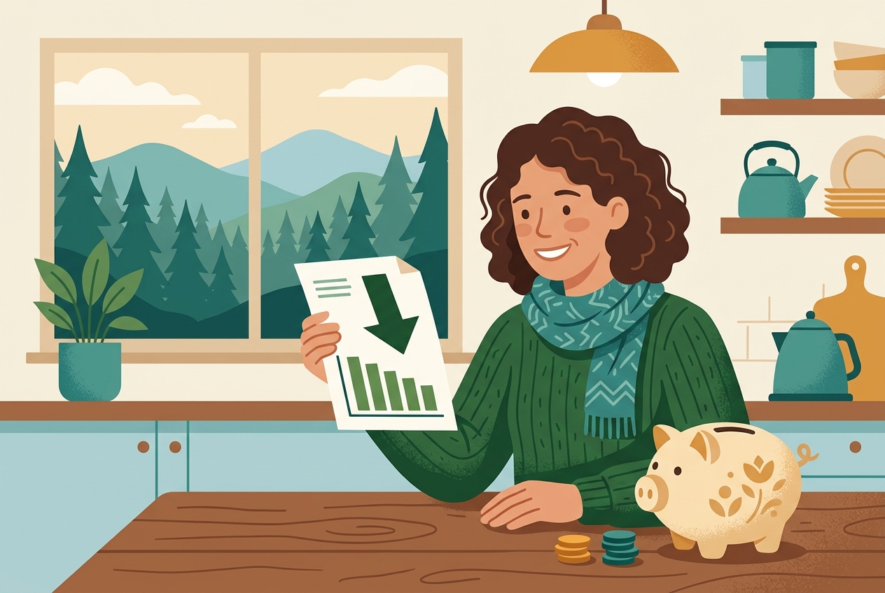 A relieved homeowner reviewing a utility bill showing savings