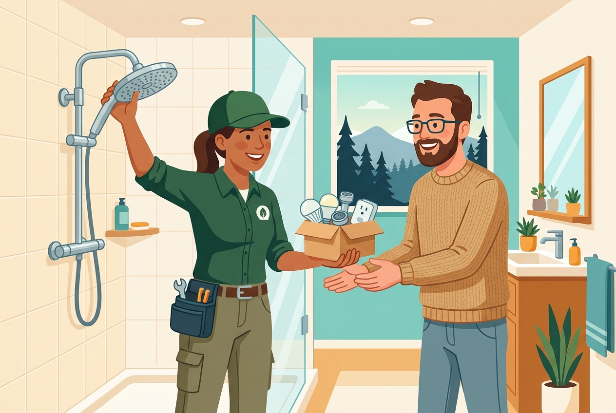 A home-energy technician installing a showerhead and handing over a box of free energy-saving items