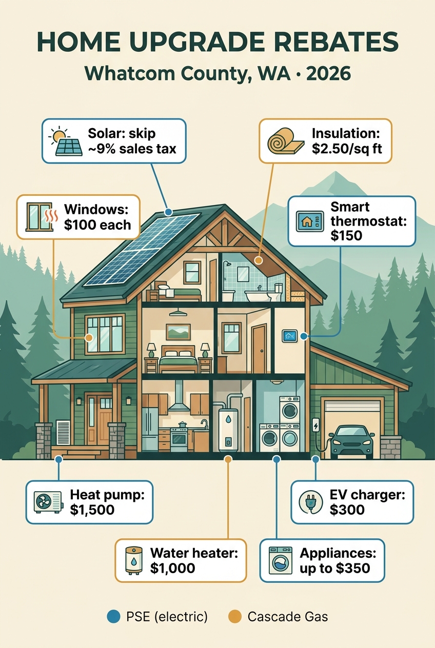 Infographic of a Pacific Northwest home showing energy upgrades and their rebate amounts