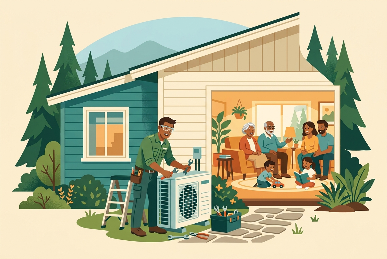 A contractor installing a heat pump at a welcoming family home