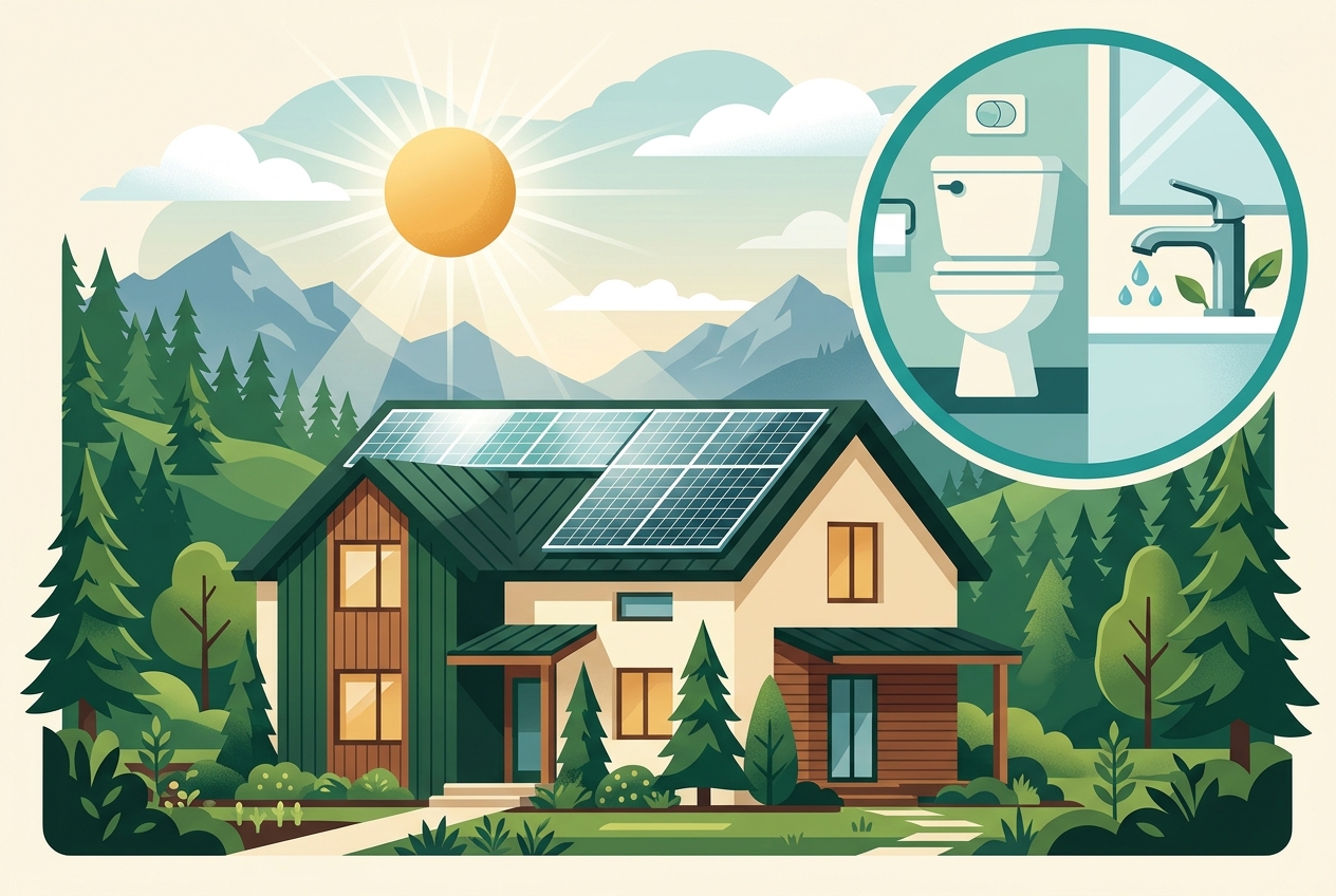 Rooftop solar panels on a home with an inset of water-saving fixtures