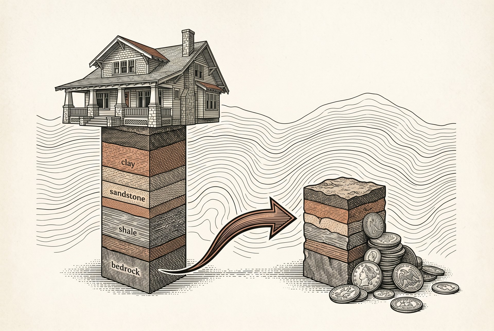 Engraved house atop an equity column with value flowing to a smaller column
