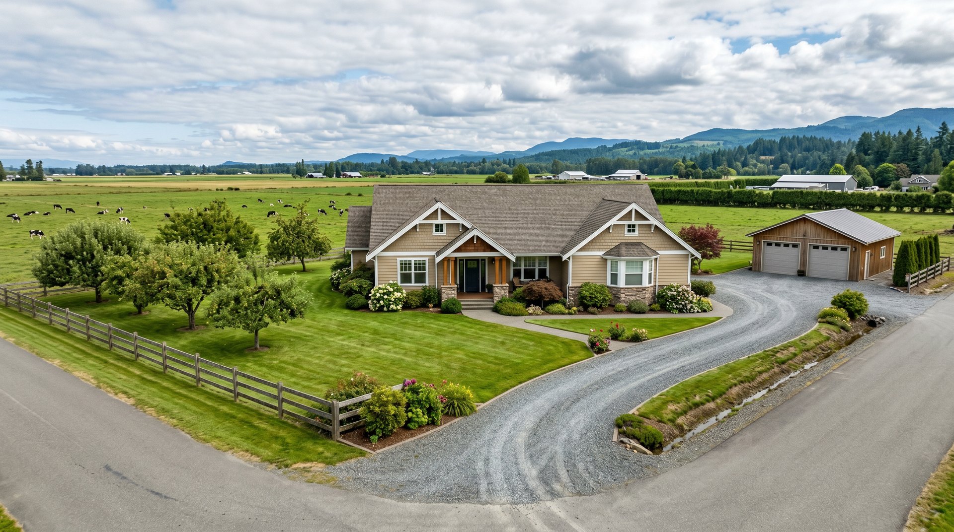 Single-family home on a large lot in Everson WA with a detached shop and farmland behind