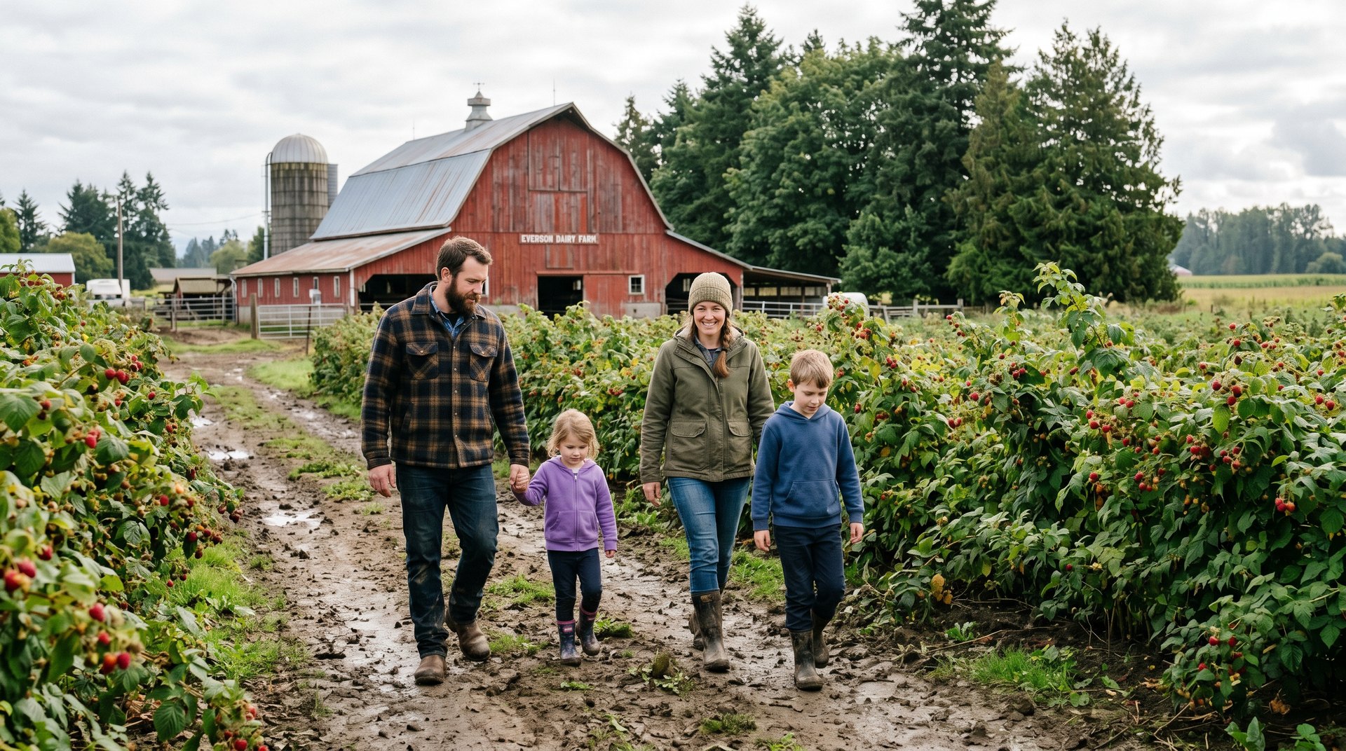 Family walking along a raspberry field beside a red dairy barn in Everson WA
