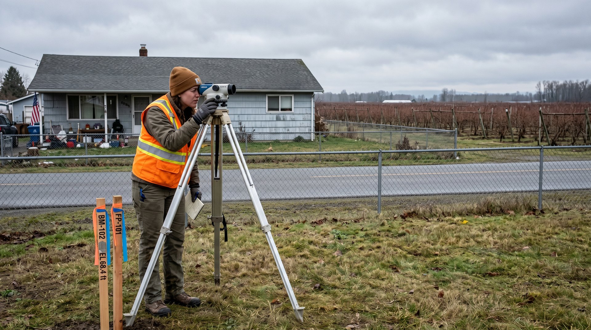 Surveyor checking flood elevation markers on a residential lot near the Nooksack River in Everson WA