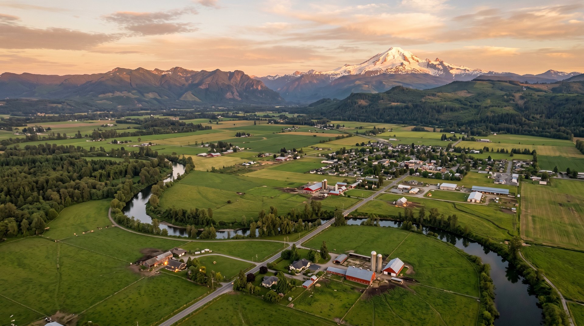 Golden-hour aerial vista of Everson WA with Nooksack River, dairy farms, and Mount Baker on the horizon