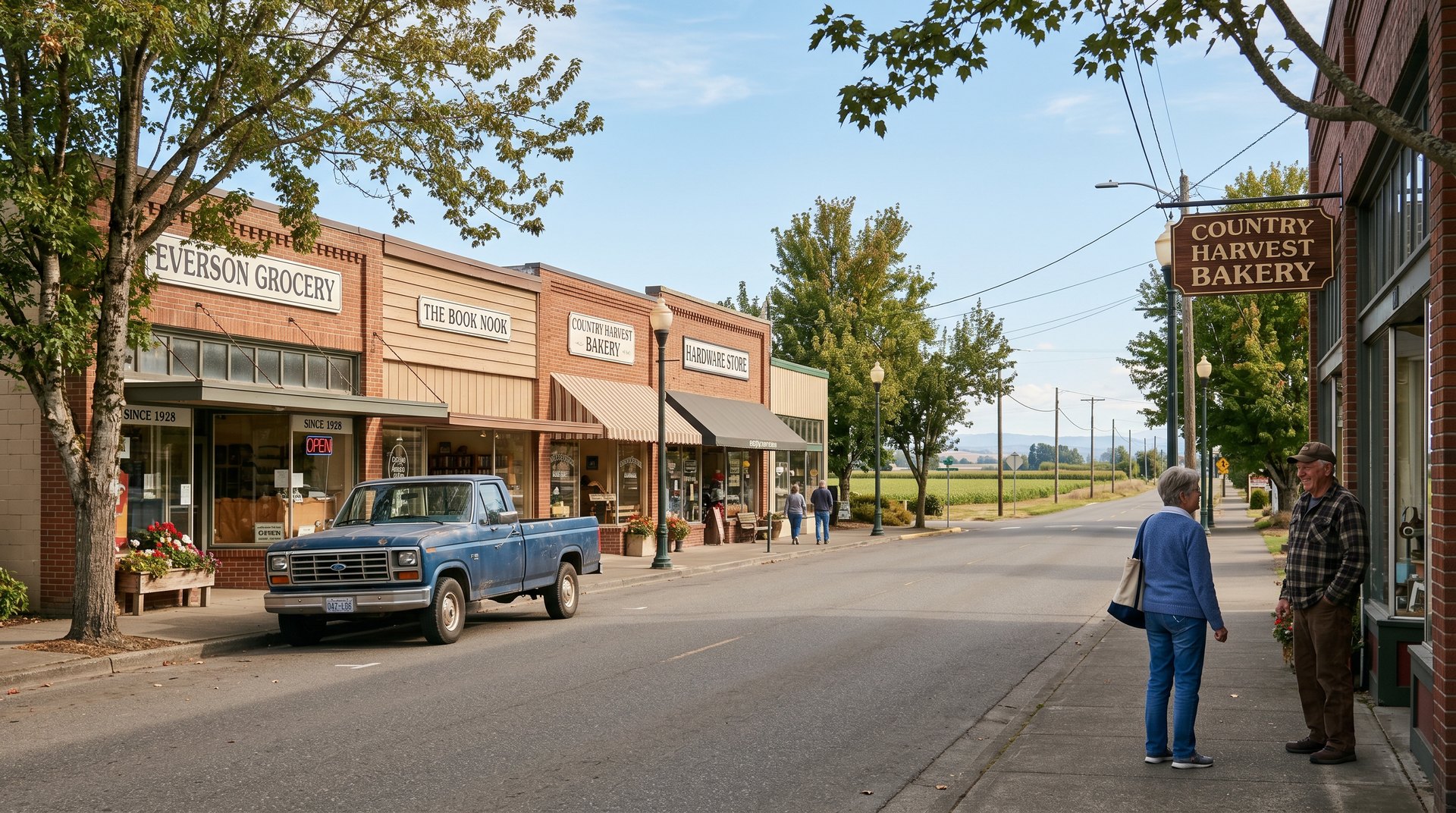 Everson WA main street at midday with neighbors chatting outside local storefronts