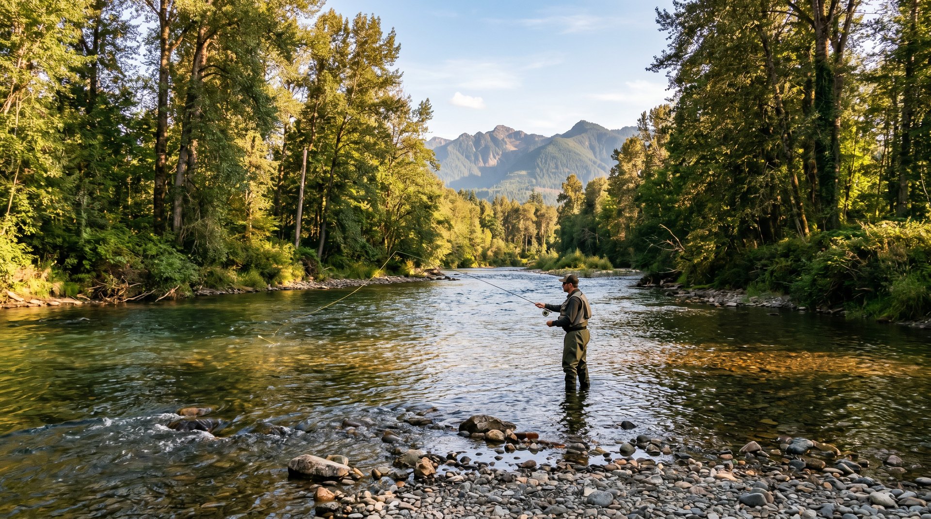 Fly fisherman wading the Nooksack River near Everson WA on a late summer afternoon