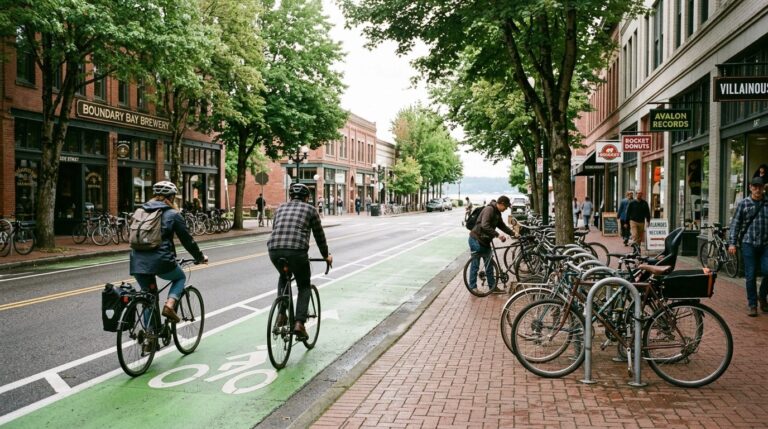 Cyclists riding in a bike lane on a tree-lined downtown Bellingham street