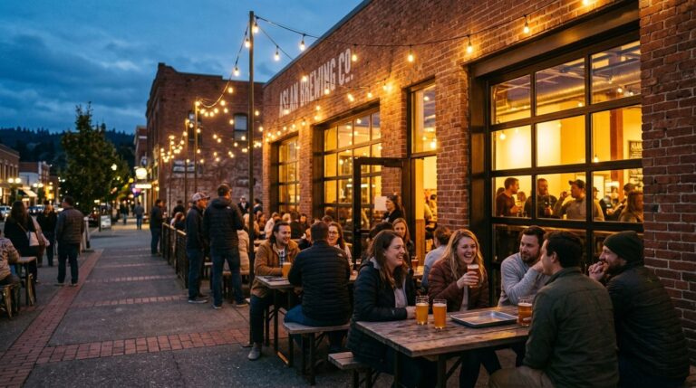 A string-lit brewery taproom patio on a downtown Bellingham street at dusk