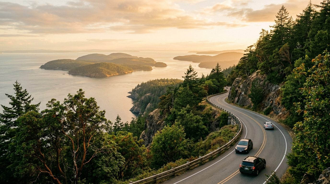 A scenic road winding along the cliffs of Chuckanut Drive above the Salish Sea at golden hour