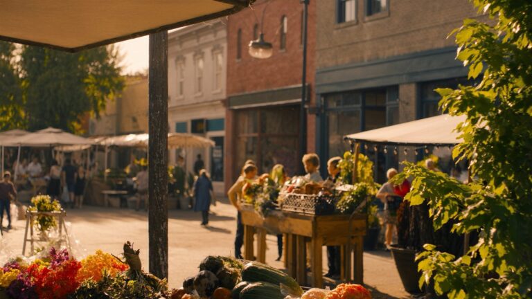 A bustling summer farmers market with produce stalls in downtown Bellingham