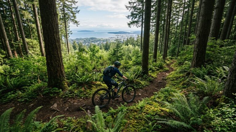 A mountain biker riding forested singletrack on Galbraith Mountain above Bellingham