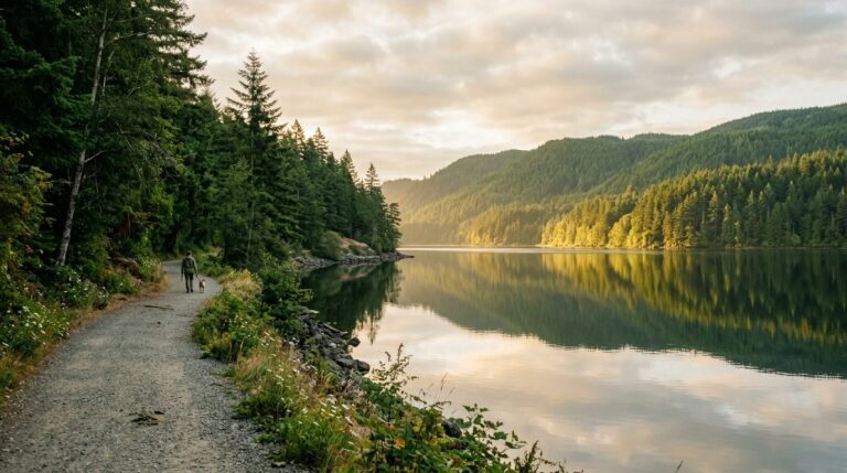 A calm forest-rimmed lake reflecting evergreen hills at Lake Padden Park