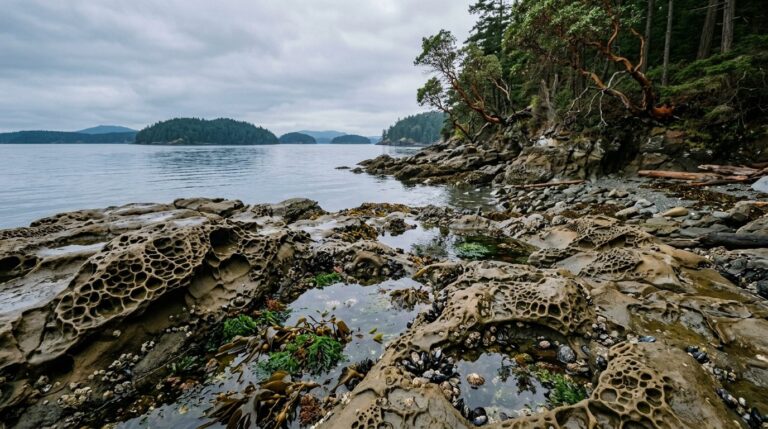 Sandstone tidepools and twisted madrona trees on the shoreline of Larrabee State Park