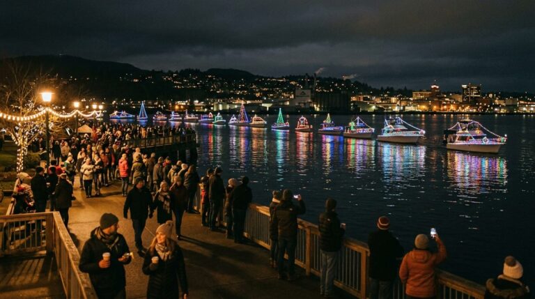 Boats outlined in holiday lights on Bellingham Bay at night during the Lighted Boat Parade