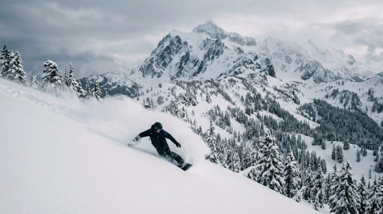A snowboarder carving deep powder at Mt Baker Ski Area with Mount Shuksan rising behind