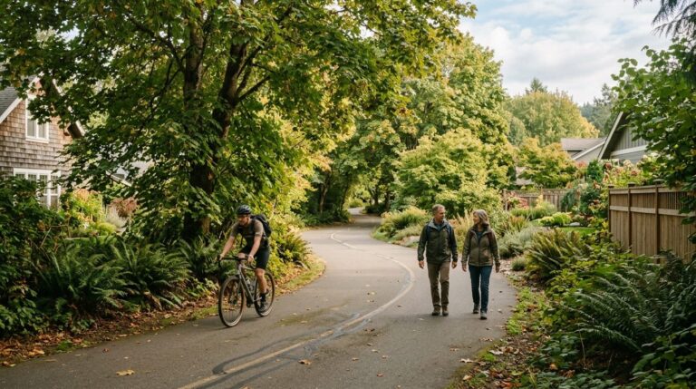 A paved tree-lined greenway trail winding through a leafy Bellingham neighborhood