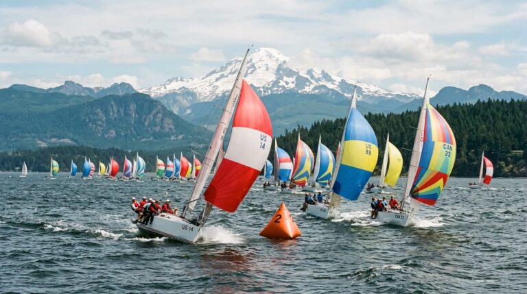 Racing sailboats with colorful spinnakers on Bellingham Bay during Race Week