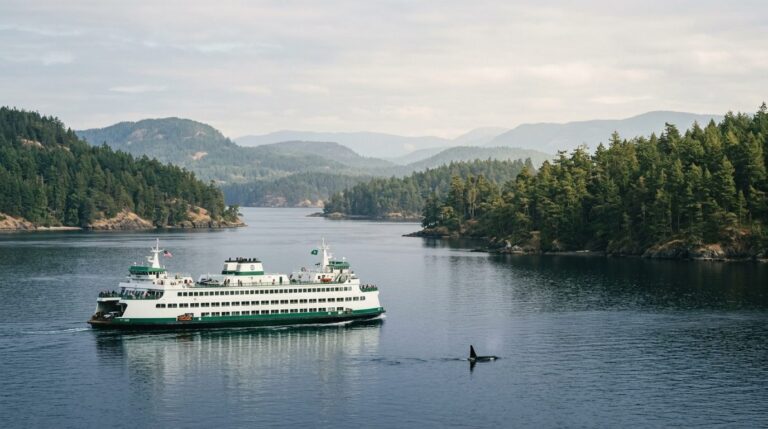 A Washington State ferry crossing the San Juan Islands with an orca surfacing nearby