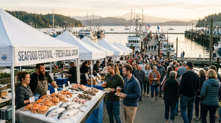Crowds at the Bellingham SeaFeast waterfront seafood festival at Squalicum Harbor