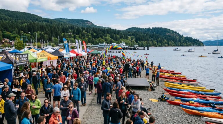 Crowds at the Ski to Sea finish festival in Fairhaven with kayaks lined along the beach
