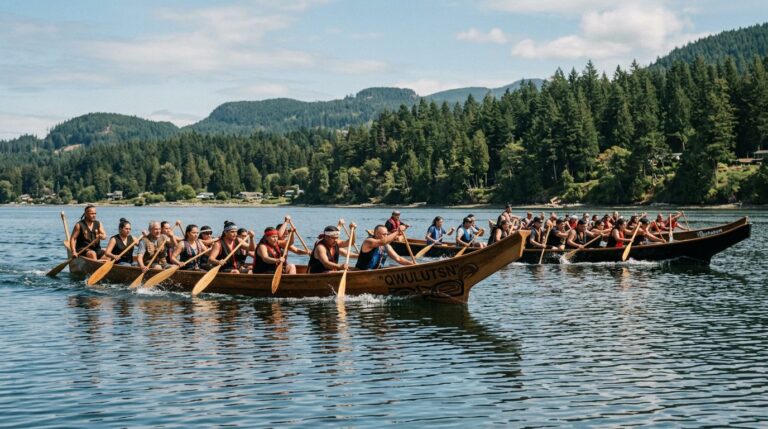 Coast Salish cedar canoes racing with teams of paddlers at the Lummi Stommish Water Festival