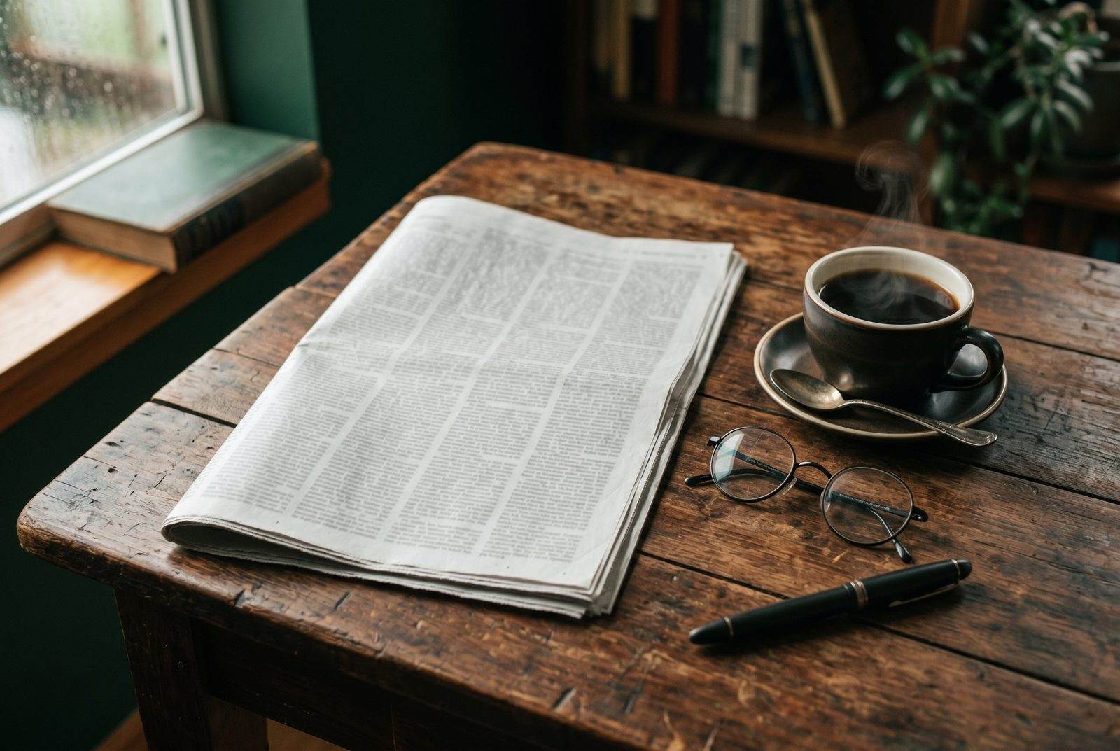 A folded newspaper and a steaming cup of coffee in soft morning light