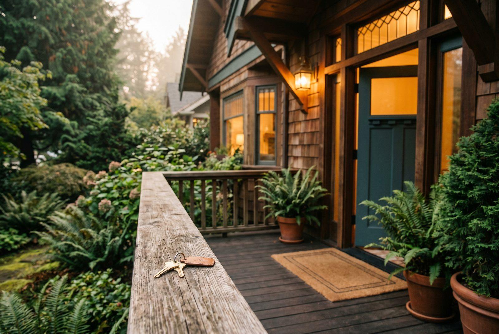Craftsman cottage porch at golden hour with house keys resting on the railing