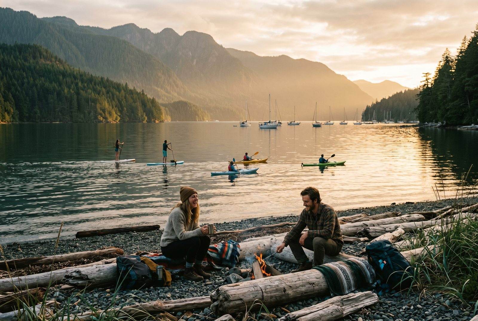 Friends at a beach campfire with paddleboarders and kayakers on a calm Pacific Northwest bay at golden hour