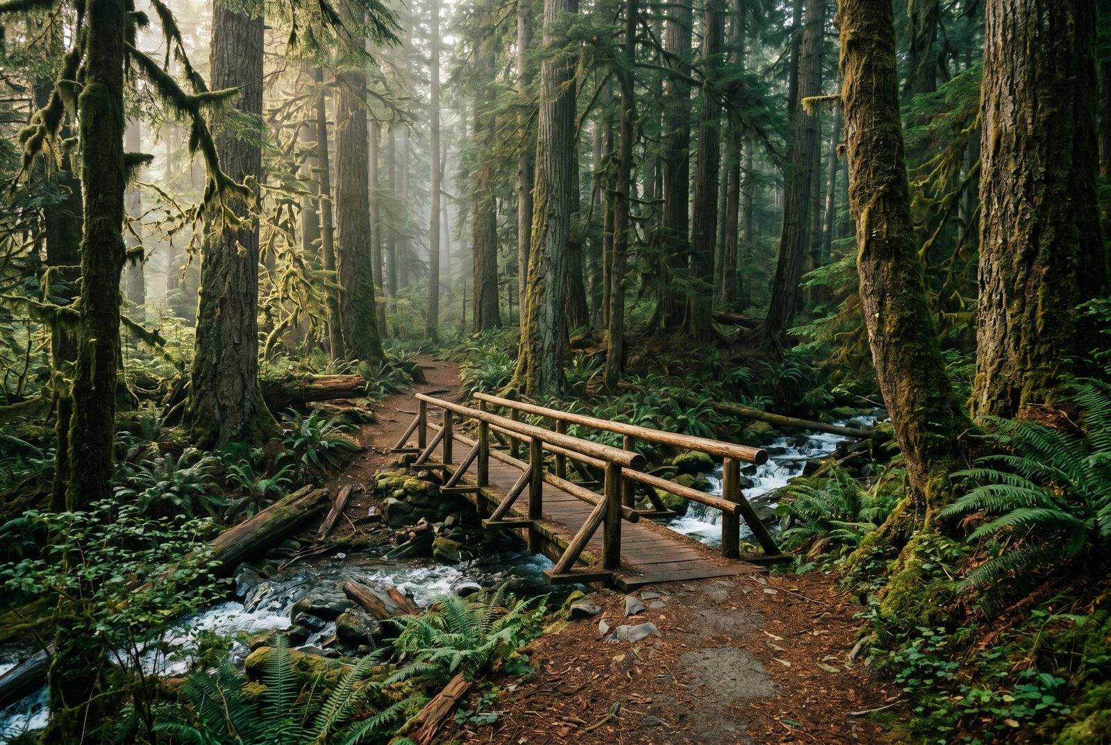 Wooden footbridge over a creek on a misty Pacific Northwest forest trail
