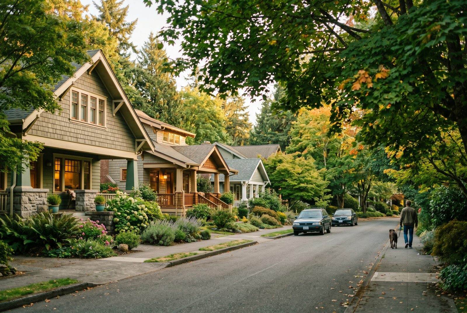Tree-lined Bellingham neighborhood street with craftsman homes at golden hour