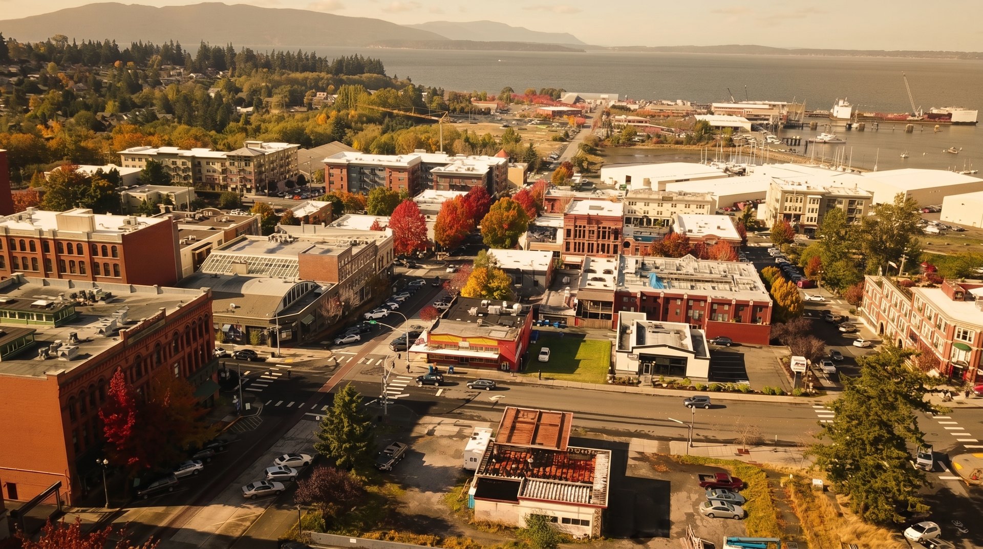 Golden hour drone view over Fairhaven's brick blocks toward the Fairhaven shipyard