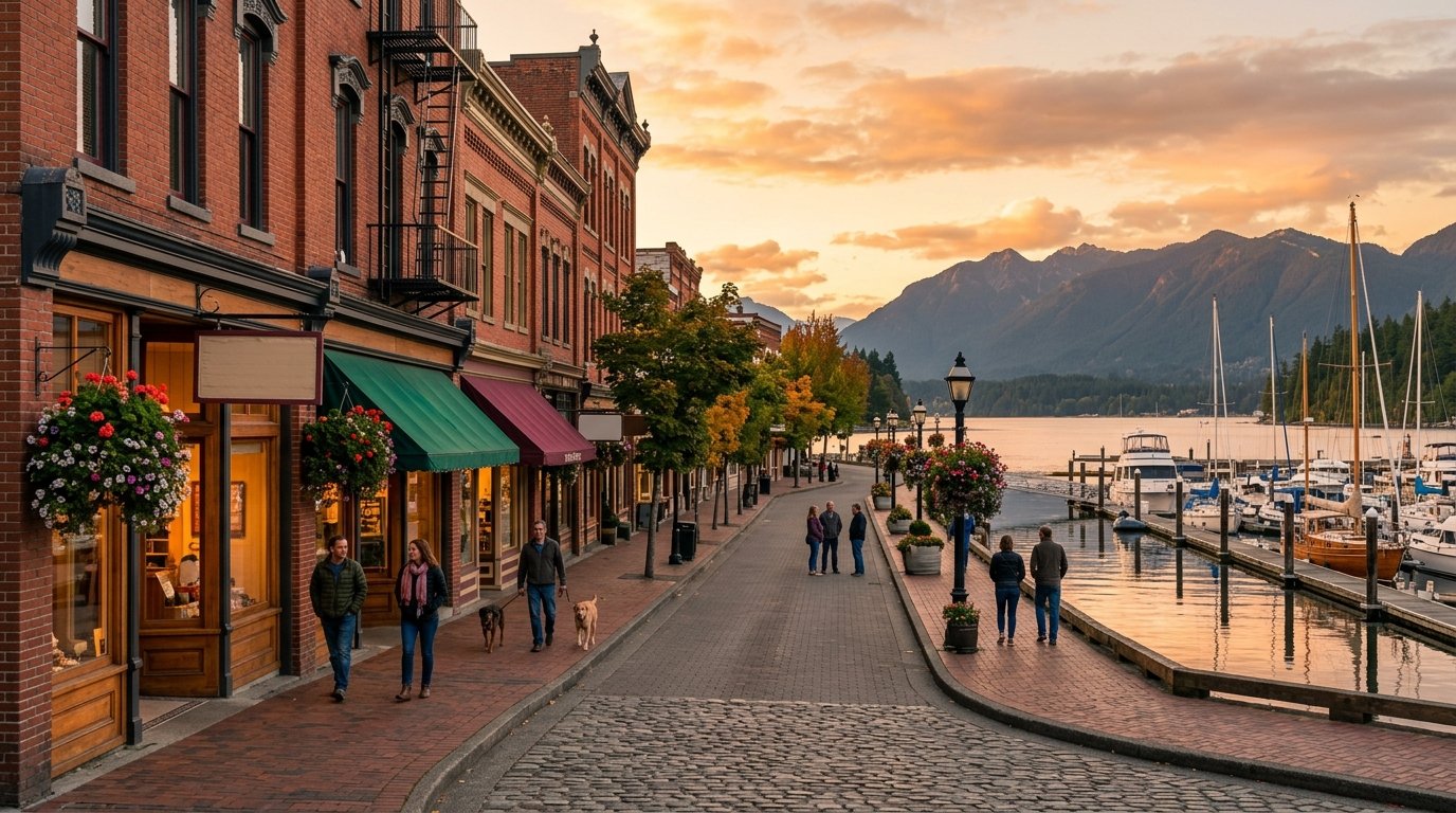 Historic walkable Bellingham waterfront district at sunset with marina and mountains
