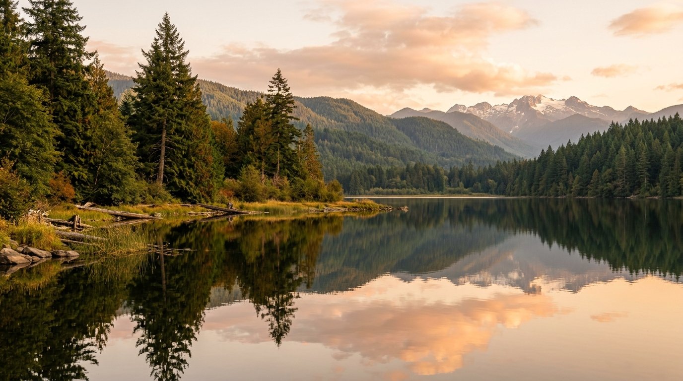 Calm Pacific Northwest lake reflecting forested hills at golden hour
