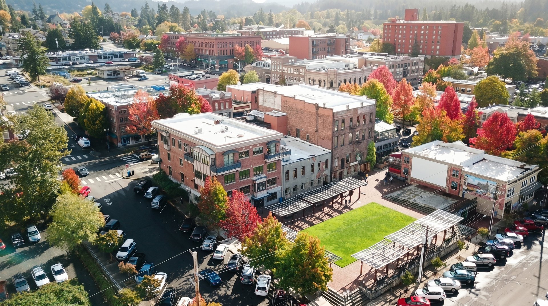 The Fairhaven Village Green and historic brick buildings from the air