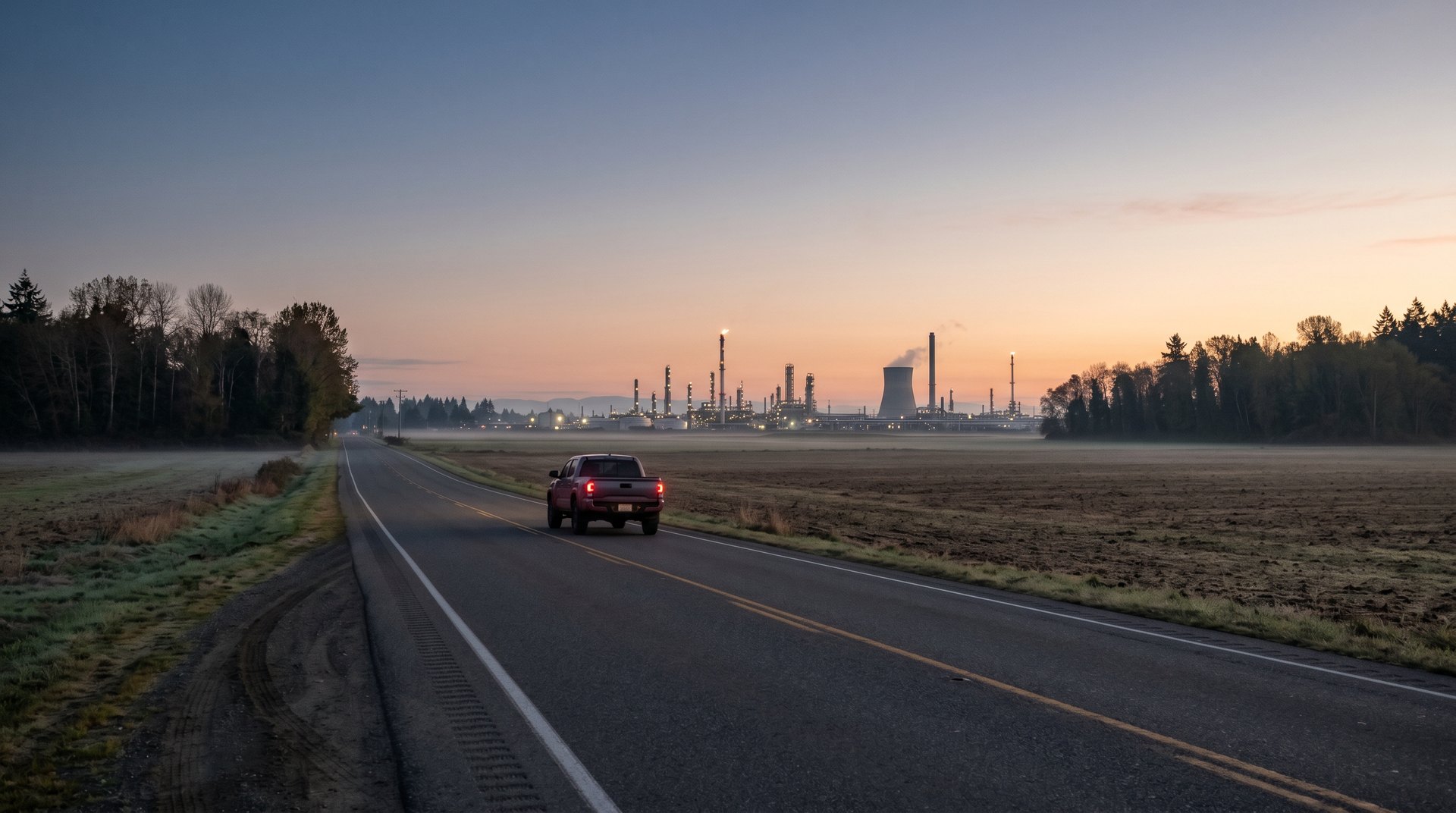 Early morning commute on SR-548 toward the BP Cherry Point refinery complex west of Ferndale WA