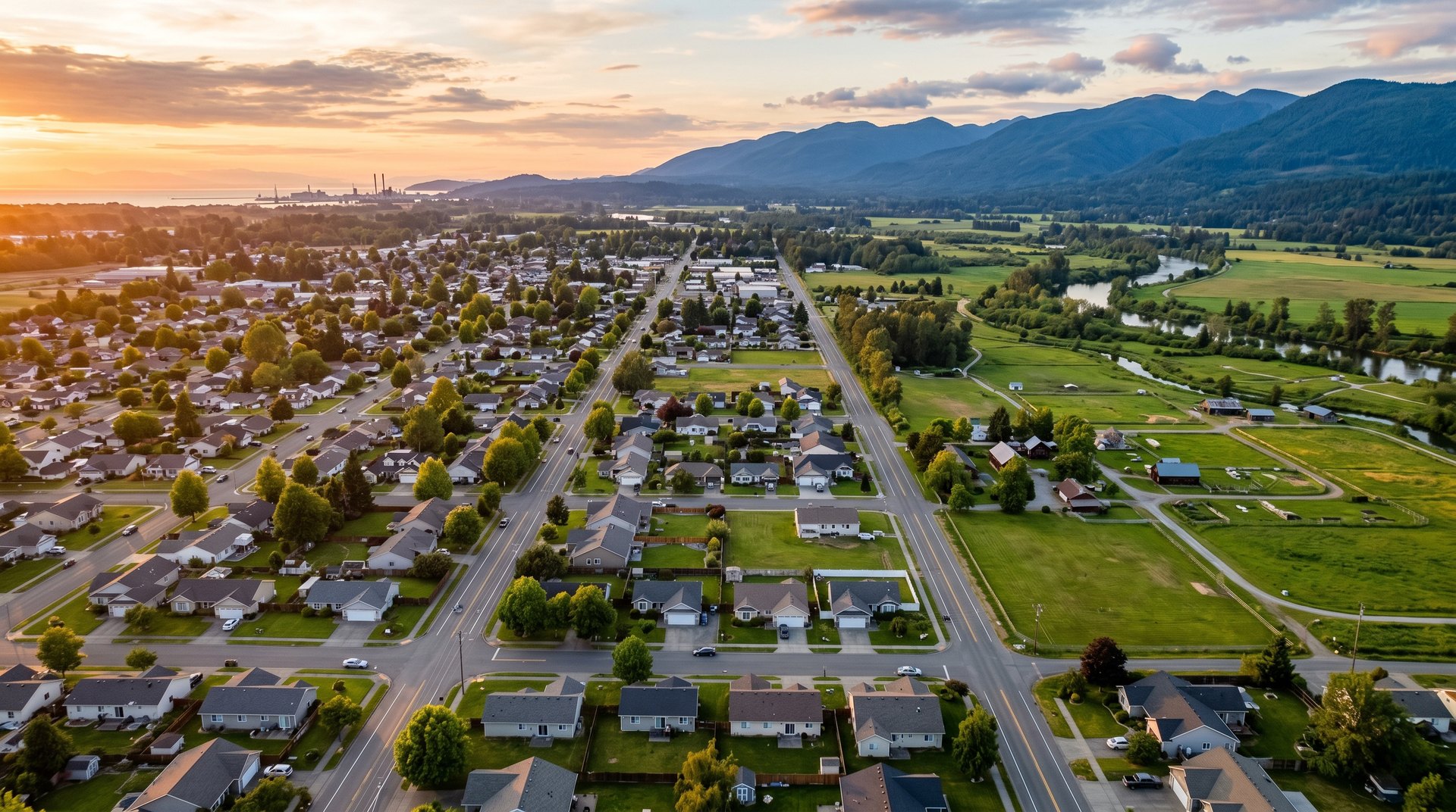 Golden-hour aerial view over Ferndale WA showing family subdivisions, Nooksack River bottomland, and the Cascade foothills