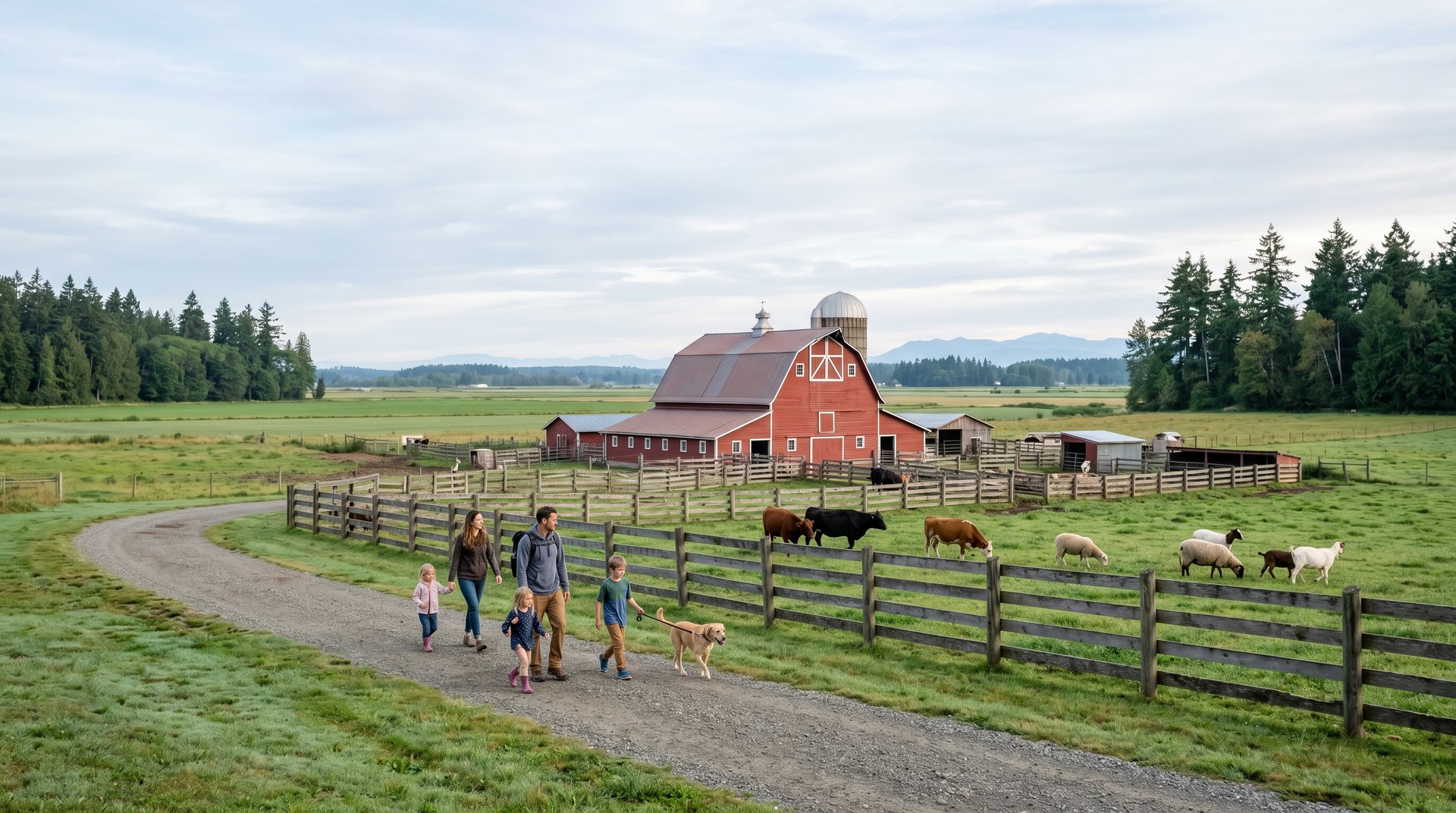 Heritage red barn and farm animals at Hovander Homestead Park with Nooksack River bottomland in the background