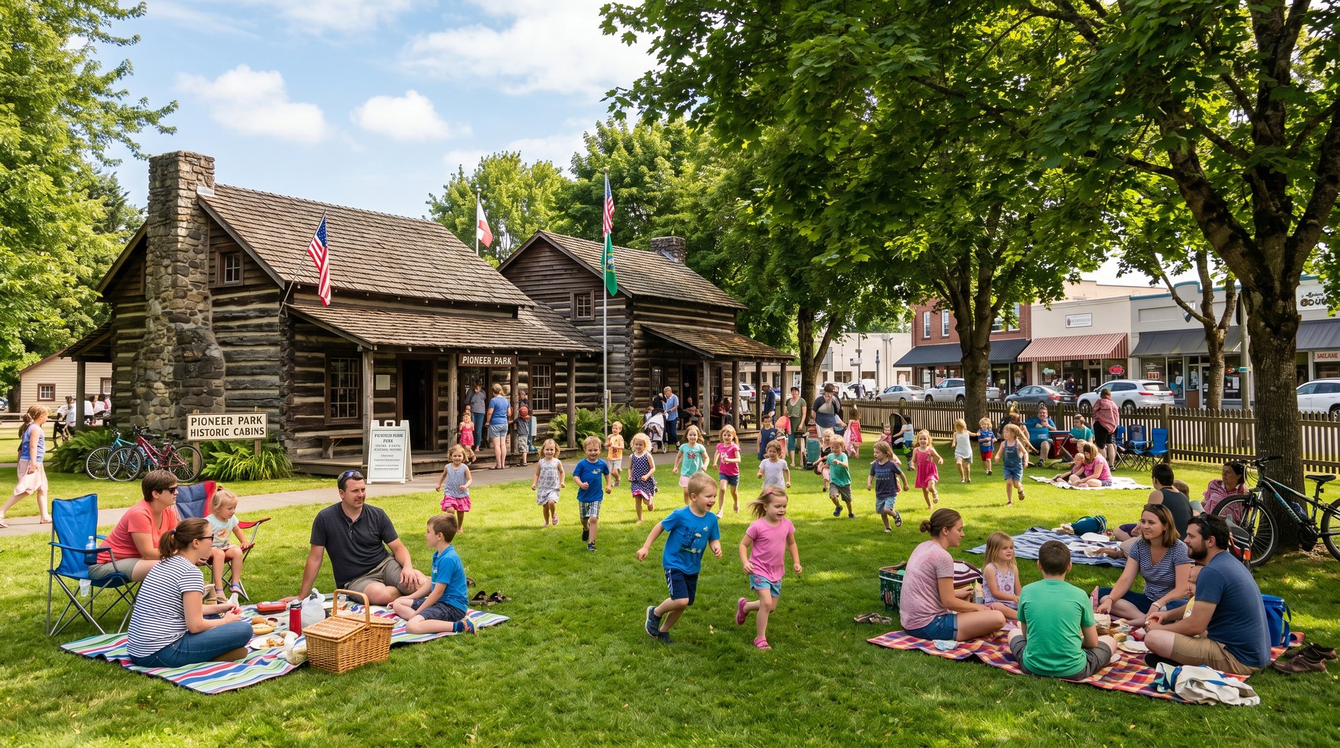 Families picnicking at Pioneer Park in downtown Ferndale with historic log cabin buildings in the background