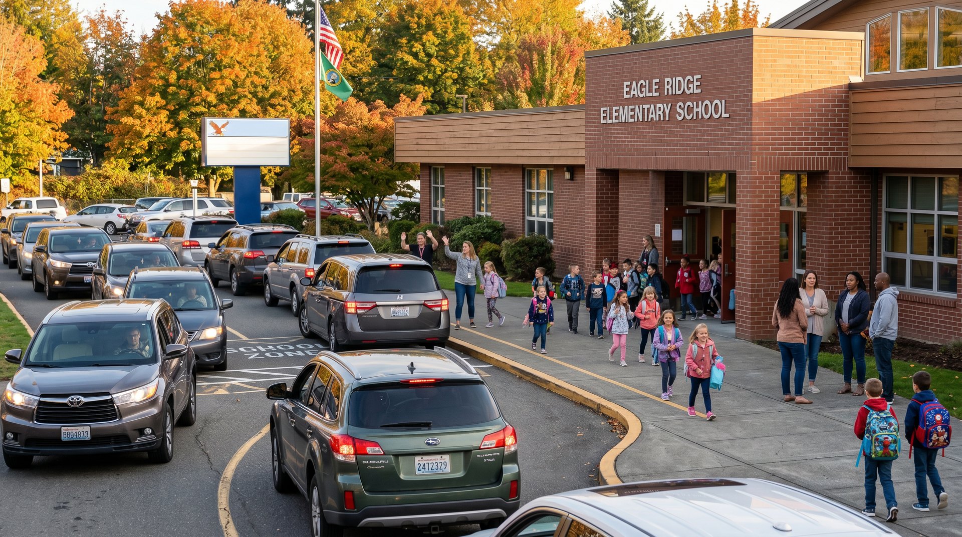 School pickup line at a Ferndale elementary school with parents and kids on a sunny autumn afternoon