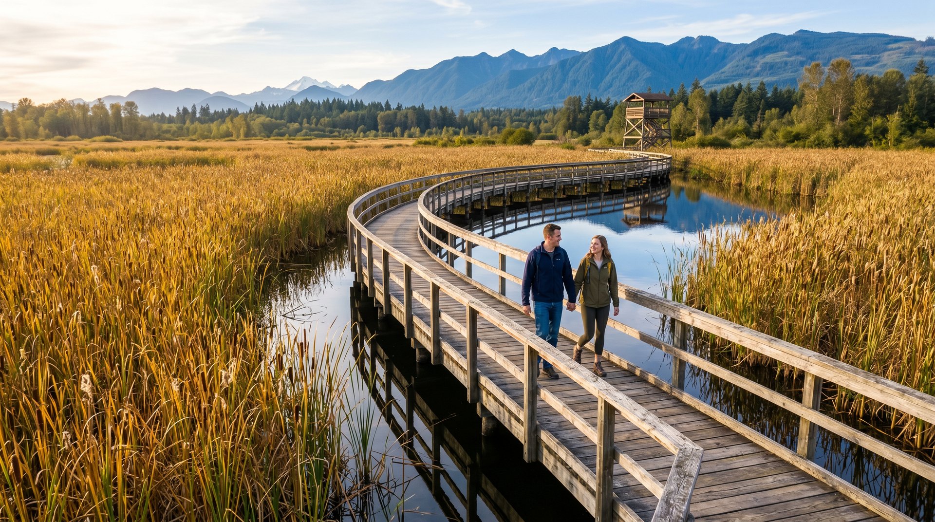 Couple walking the Tennant Lake boardwalk through cattail marsh with the observation tower in the distance, Ferndale WA