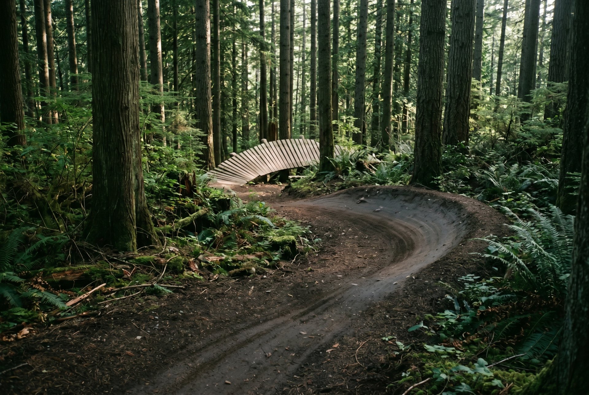 Singletrack mountain bike trail through evergreens on Galbraith Mountain, Bellingham