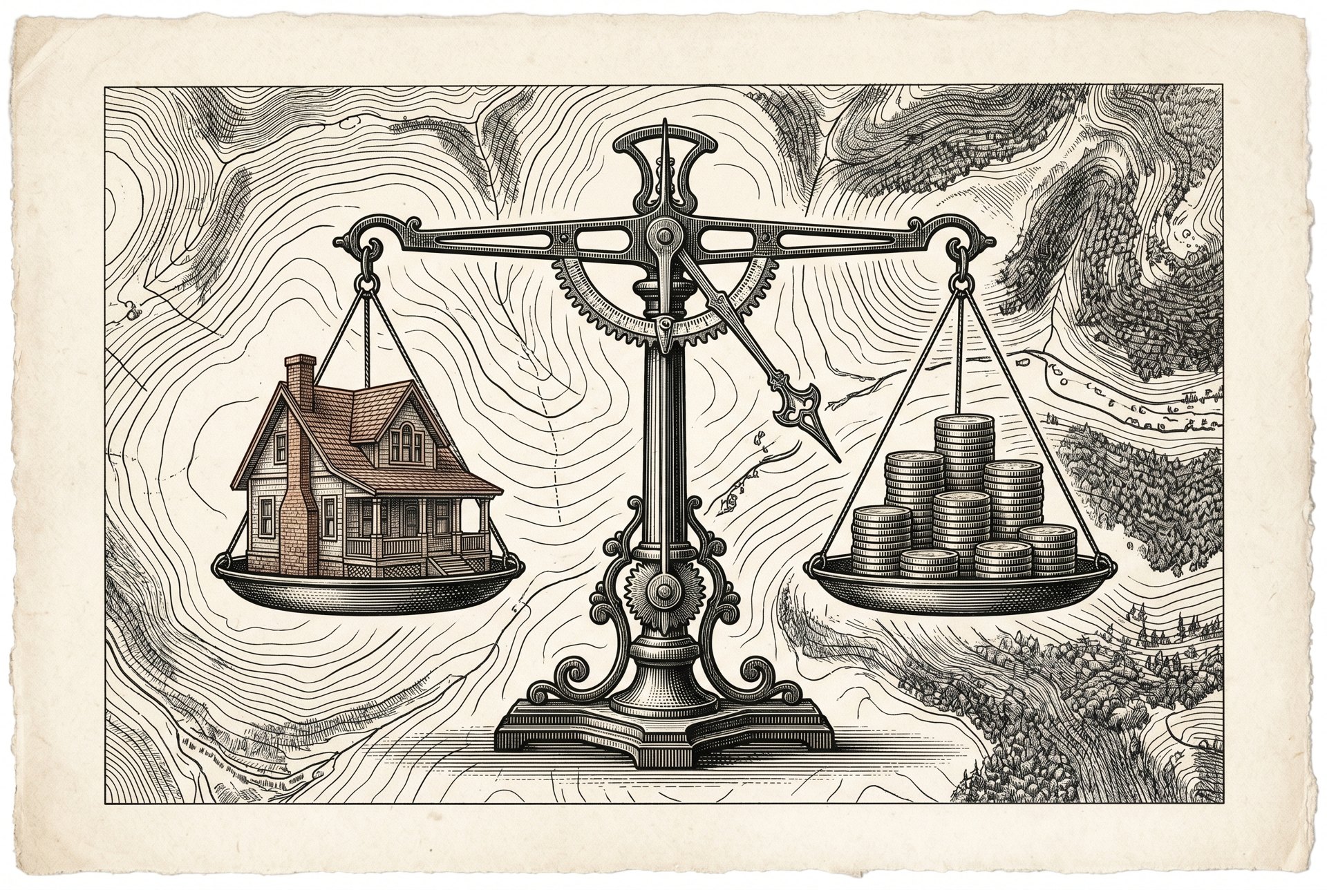 Engraved balance scale weighing a house against coins for Bellingham home affordability