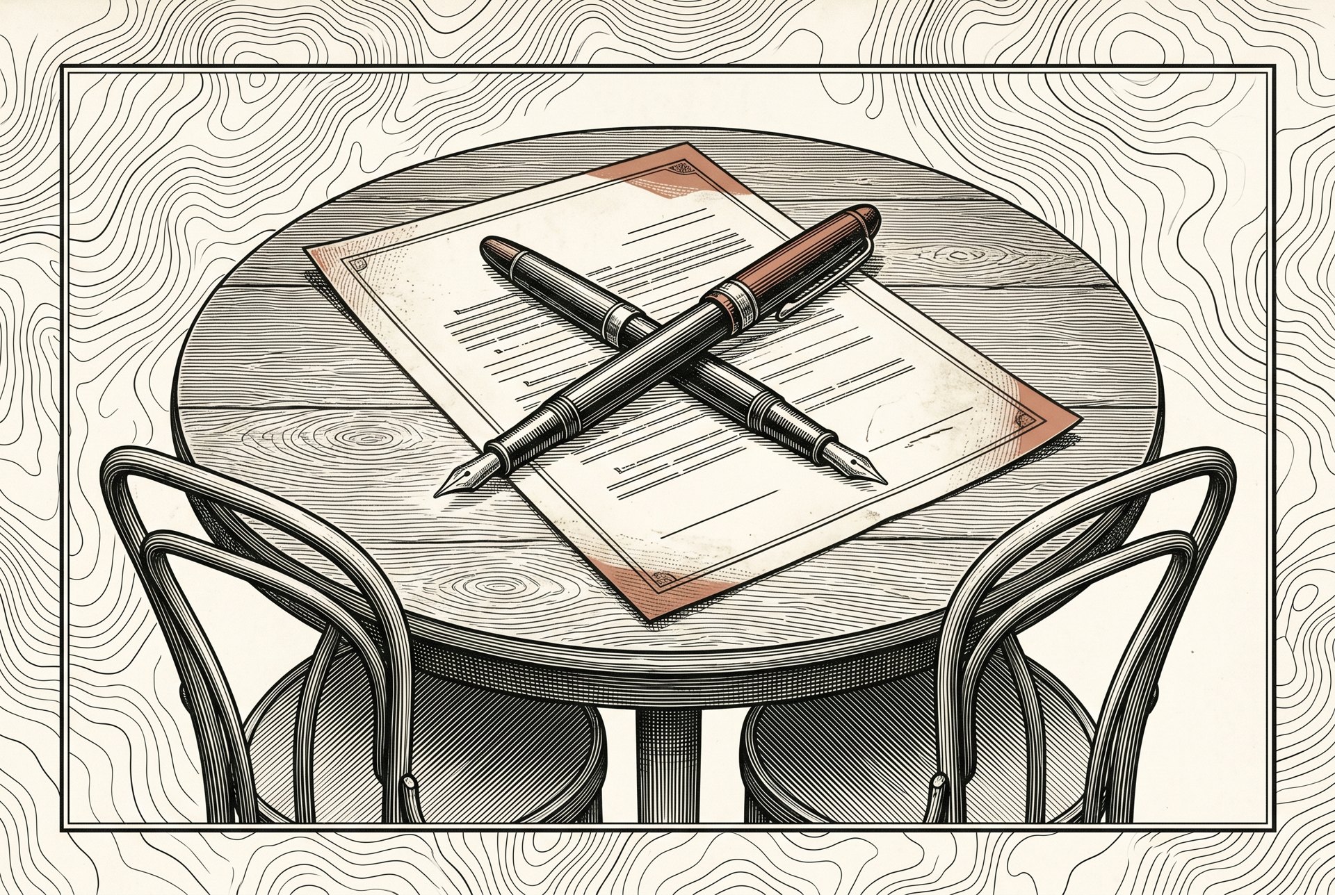 Engraved negotiation table with crossed pens over a home sale contract