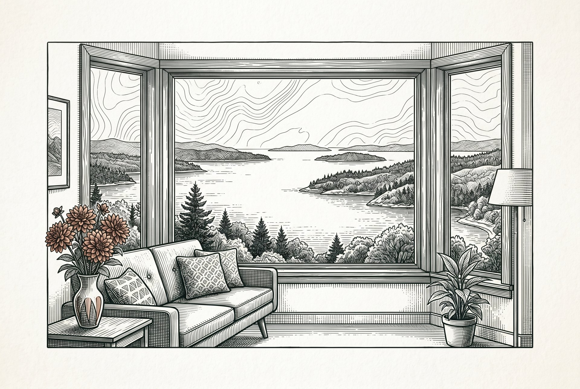 Engraved staged living room with a bay window over Bellingham Bay