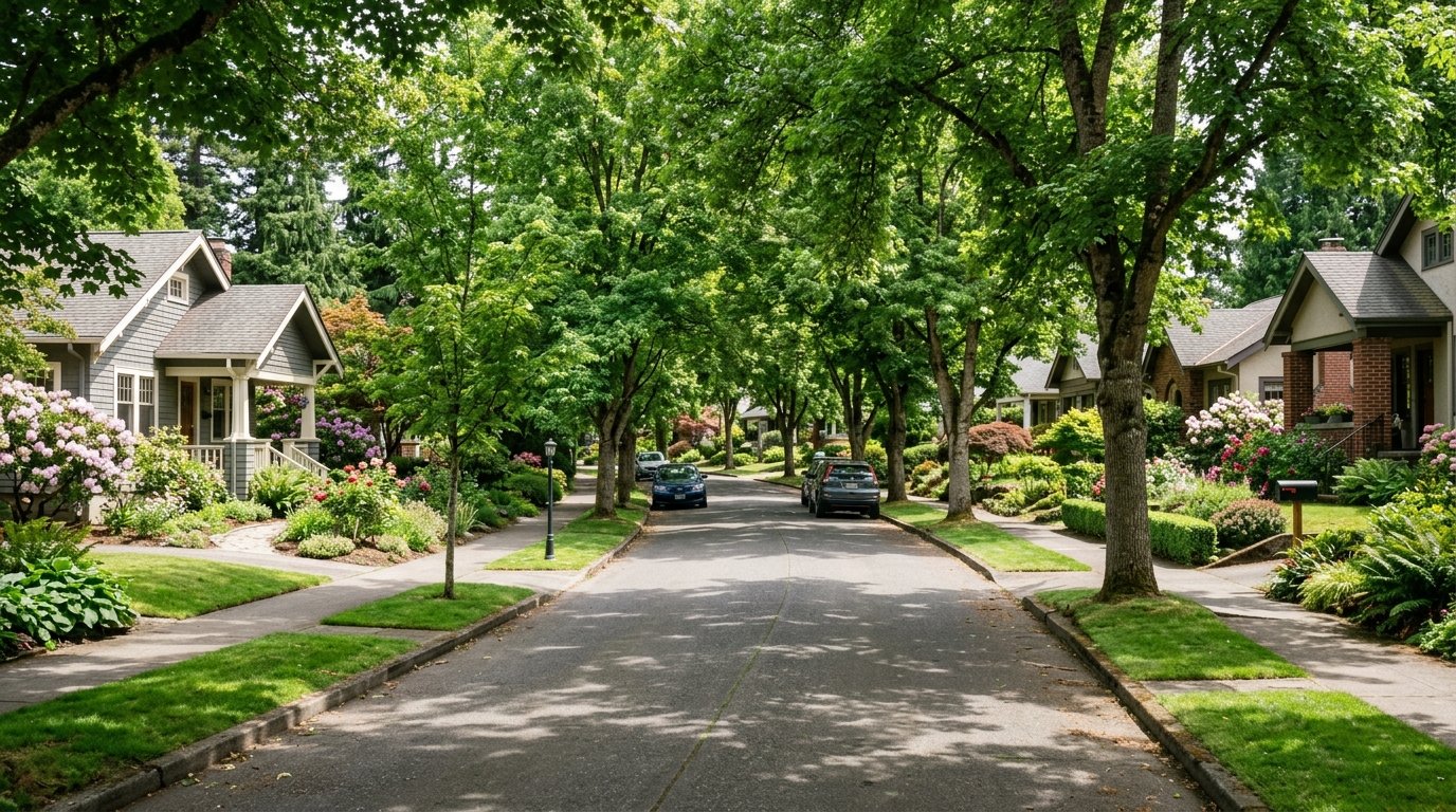 Tree-lined residential streets define the area.