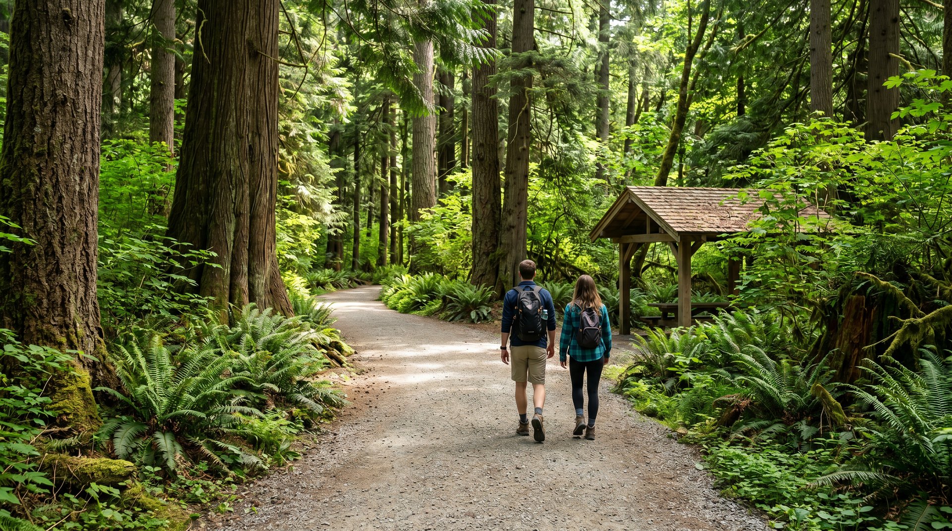 Couple walking a forested trail at Berthusen Park in Lynden with old-growth Douglas fir canopy overhead